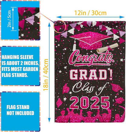 Graduation Garden Flag Class of 2025 Pink Congrats Grade Flag for Outside Party Hanging Decorations 12x18 Inch Burlap