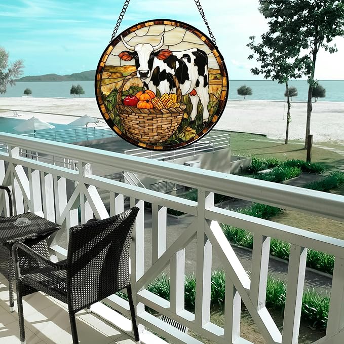 CHATYOUNG Stained Glass Window Hanging Autumn Farm Landscape Cow Pumpkin 6.3" - Modern Farmhouse Decor Suncatcher Door Garden Sunroom Sun Catcher Home Decor Birthday Christmas for Mom Men Woman Nana