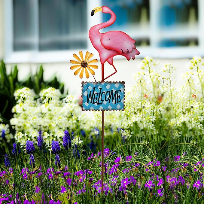 Metal Flamingo Garden Stakes Welcome Yard Sign Decorative Pink Flamingos Ornament Indoor Outdoor Party Stake Lawn Art Patio Backyard Flower Bed Decor (Blue, L)