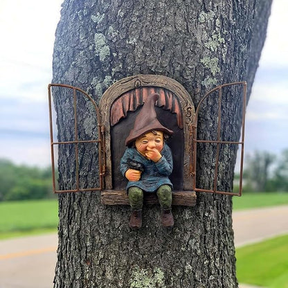 7.1-inch Elf Out The Door Tree Hugger,Fairy Garden Gnome Statue, Hanging Resin Gnome Figurine,Whimsical Tree Sculpture,Garden Peeker Statue,Ideal Patio Yard Lawn Porch Decoration