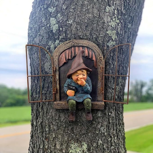 7.1-inch Elf Out The Door Tree Hugger,Fairy Garden Gnome Statue, Hanging Resin Gnome Figurine,Whimsical Tree Sculpture,Garden Peeker Statue,Ideal Patio Yard Lawn Porch Decoration