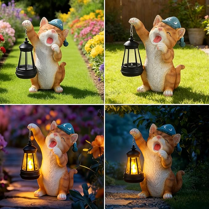 ILLUMINEW Solar Dragon Garden Statue with Lantern and Birds – Resin Dinosaur Figurine with LED Light for Yard, Outdoor Decor, Gifts for Mom, Women (Cat)