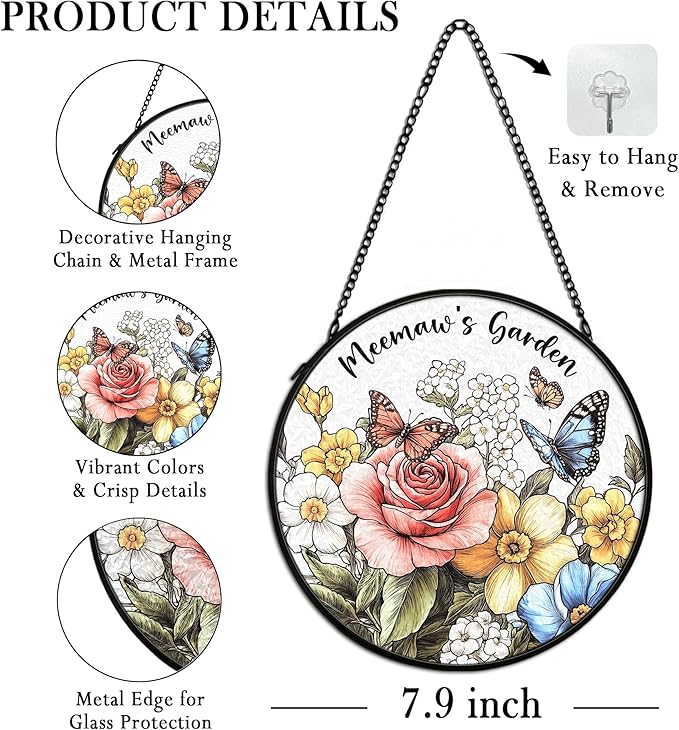 Meemaw Gifts Suncatcher Stained Glass Window Hanging Decor from Grandkids, Meemaw's Garden Stained Glass Wall Decor, Grandma Gifts Lawn Sun Catchers Indoor Window Hanging Wall Art, 7.9x7.9In