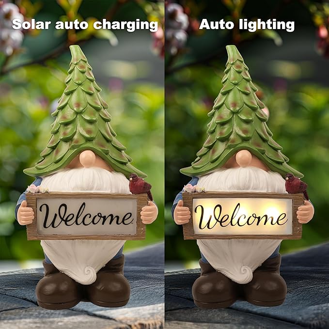 Large Garden Gnome Statue with Solar Lights, 13.5” Welcome Sign Gnome Outdoor Decor for Yard Lawn Patio, Funny Resin Gnome Sculptures, Gifts for Women Mom Grandma,Garden Decor Ornament