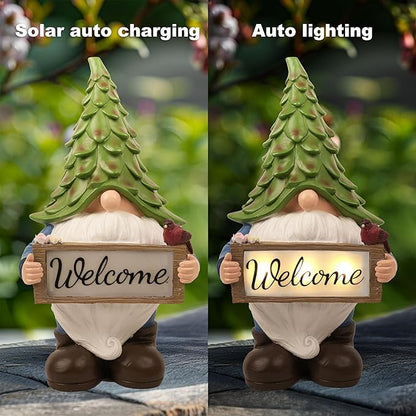 Large Garden Gnome Statue with Solar Lights, 13.5” Welcome Sign Gnome Outdoor Decor for Yard Lawn Patio, Funny Resin Gnome Sculptures, Gifts for Women Mom Grandma,Garden Decor Ornament