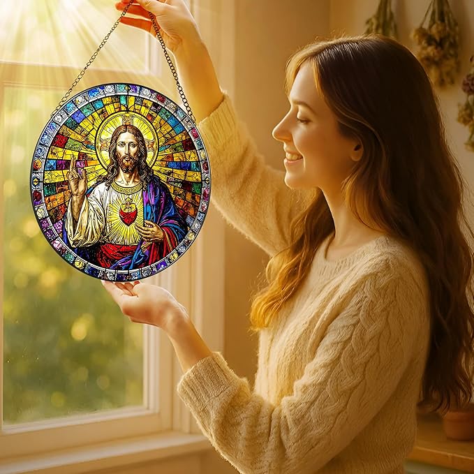 8'' Sacred Heart of Jesus Stained Glass Suncatcher, Stained Glass Window Hanging, Religious Ornament, Christian Home Decor, Gifts for Christmas, Christian Gift, Religious Gift