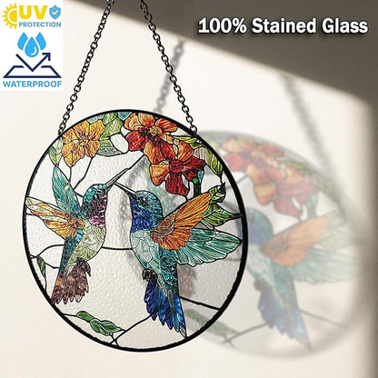 7.8" Hummingbirds Stained Glass Suncatchers Art Glass Tropical Birds for Sun Catcher Indoor Gifts for Pet Animal Nature Floral Lovers Women Grandma Mom Friend Painted Panel Décor BIRD-06B-SG8