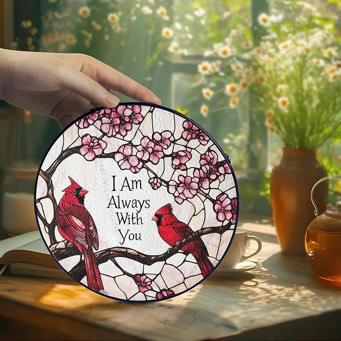 Cardinal Suncatcher Stained Glass Window Hanging Decor, Red Cardinals Memorial Gifts for Loss of Loved One, Cardinal Remembrance Gifts for Women Grandma Mom, Mothers Day Birthday