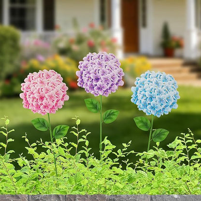 Glitzhome Set of 3 Hydrangea Garden Stakes, Metal Flower Yard Art with Hand Painted Color Finish and Detachable Stake, Iron Spring Lawn Patio Wall Decor, 24 "H