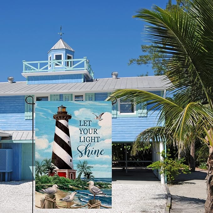 Dyrenson Let Your Light Shine Summer Beach Lighthouse Decorative Garden Flag, Coastal Ocean Yard Outside Decorations Outdoor Small Decor 12x18