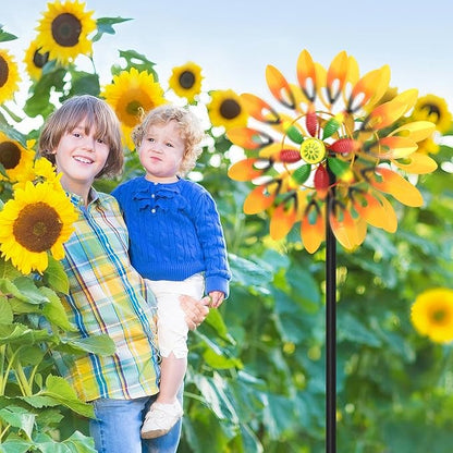 Metal Sunflower Wind Spinner Outdoor, 13" W x 64" H Large Double Windmill Pinwheels with 5 Prong Stake, Kinetic Wind Sculpture for Backyard Garden Patio Lawn Art Decor Yellow
