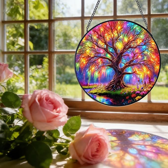7.8 in Stained Glass Window Hanging, Magic Tree of Life Sun Catchers, Colorful Suncatcher for Home Decor, Decorative Boho Wall Art, Ideal Gift for Mom Grandma Aunt Wife Housewarming