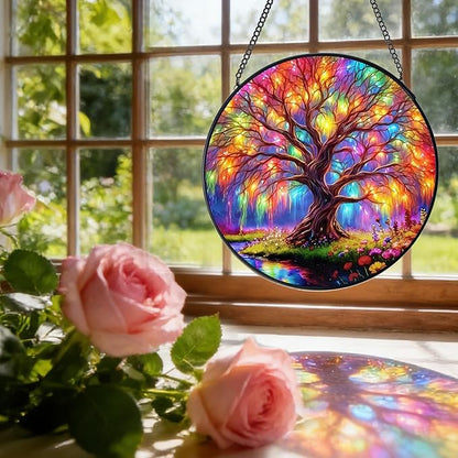 7.8 in Stained Glass Window Hanging, Magic Tree of Life Sun Catchers, Colorful Suncatcher for Home Decor, Decorative Boho Wall Art, Ideal Gift for Mom Grandma Aunt Wife Housewarming