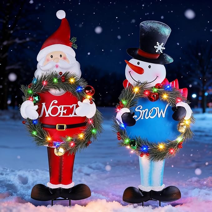 Lighted Christmas Decorations Outdoor, 2 Pack 30" Height Santa & Snowman Xmas Yard Signs Metal Garden Stakes with LED Lights, Battery Powered for Holiday New Year Winter Walkway Patio Lawn