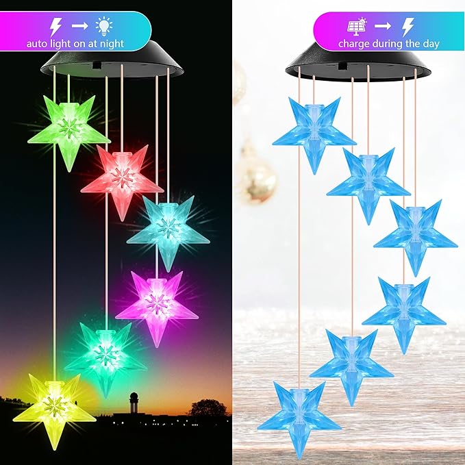Blue Star Solar Wind Chime Outdoor Color Changing Crystal Star Solar Light Gifts for Women Waterproof LED Wind Chime Garden Decor Solar Powered Windchimes Unique Chiristmas Gifts