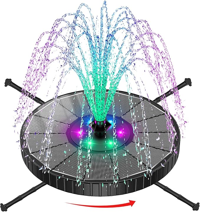 SZMP 3.5W Glass Solar Fountain with Swivel-Out Fixed Rods, Solar Bird Bath Fountains with LED Lights and 2000mAh Battery, 7 Nozzles, Outdoor Solar Water Fountain Pump for Garden, Pool, Pond (Black)
