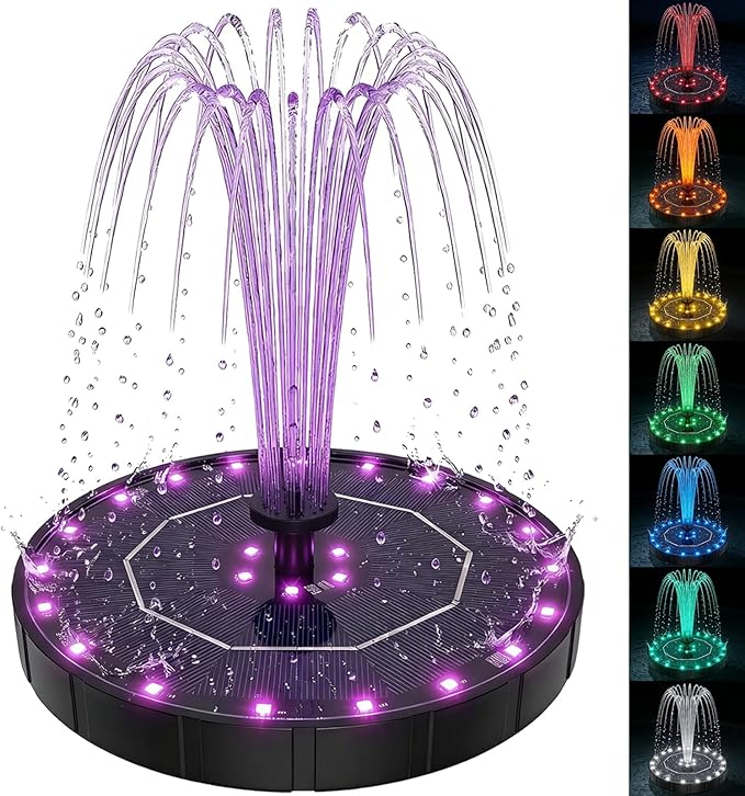 Solar Fountain for Bird Bath with Colorful LED Lights, Floating Solar Fountain, 3W Solar Powered Water Fountain Pump with Strong Spray & 5 Nozzles for Garden, Pond, Pool, 26 LED Lights