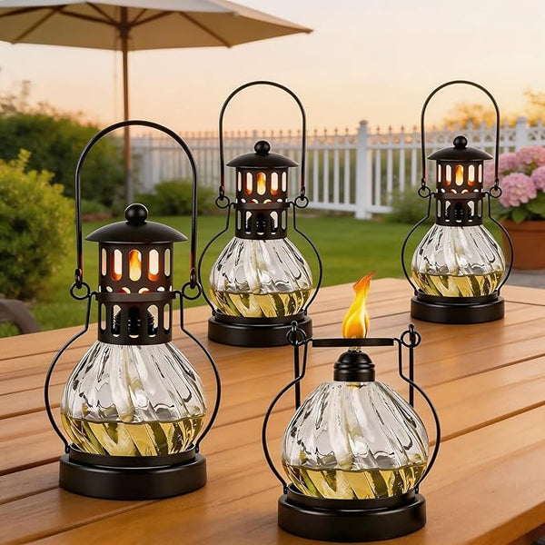 4 Pack Glass Table Top Torches, 14 oz Citronella Torches for Outside, Features hanging handles, Refillable Flame Light Torch, Decorative Tabletop Lantern for Yard, Patio, Garden, Party, Landscape