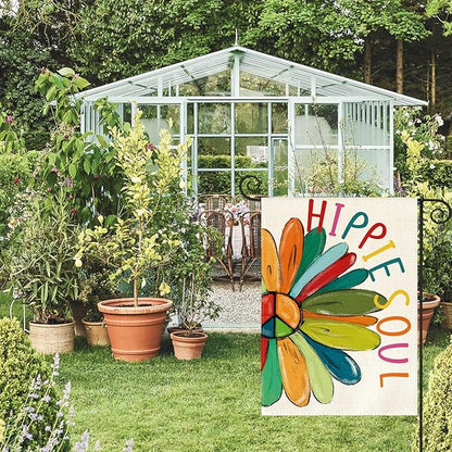 AVOIN colorlife Hippie Soul Sunflower Garden Flag 12 x 18 Inch Double Sided Outside, Peace Sign Floral Retro Yard Outdoor Decoration