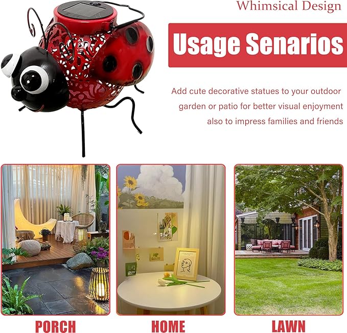 Teaeeno Ladybug Solar Lantern Pattern Light, Hanging Waterproof LED Solar Lights Outdoor Decorative,Sun-Powered Tabletop Lanterns,Metal Solar-Powered Lantern Outdoor