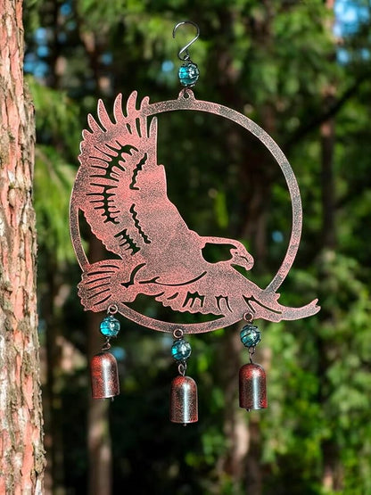 Wind Chime Eagle American Hanging Decor for Outdoor Metal W Glass Rustic Lawn Yard Patriotic 19" x 12"