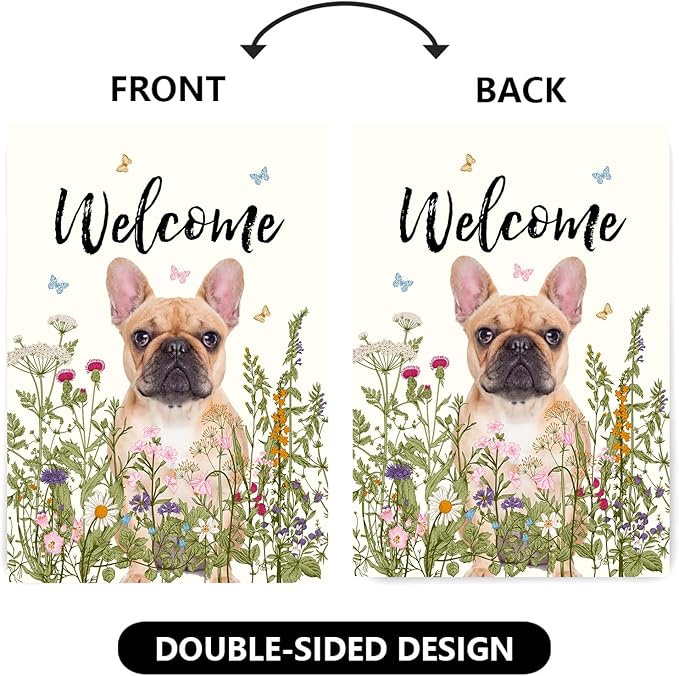 Floral French Bulldog Garden Flag Spring Summer House Flags 28 x 40 Double Sided Flower Dog Yard Flags for Outside Large Outdoor Welcome Flags