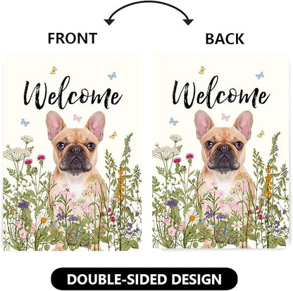 Floral French Bulldog Garden Flag Spring Summer House Flags 28 x 40 Double Sided Flower Dog Yard Flags for Outside Large Outdoor Welcome Flags