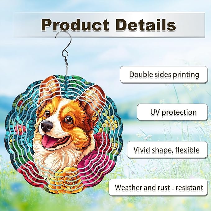 Cute Dog Wind Spinners Outdoor, Hanging Wind Spinner for Garden Decoration, 8 inch 3D Stainless Steel Metal Wind Sculpture for Indoor/Outdoor Decor