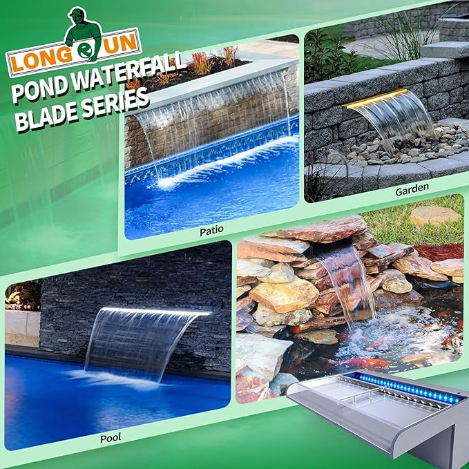 LONGRUN with lid Waterfall Spillway, APP Control Multi-Color LED Light Outdoor Pool Fountain, Acrylic Water Spillway Koi Pond Waterfalls Fountains Kit for Garden Patio Swimming Pool Decoration-35.4"