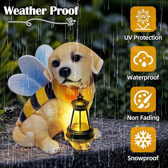 Solar Garden Statue - Honeybee Dog Figurine with LED Lantern, Resin Outdoor Decor for Patio, Lawn & Yard, Garden Art, Ideal Gift for Mom, Grandma, Housewarming