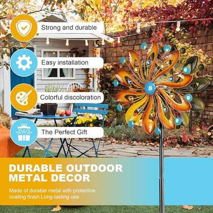 MLKNK Wind Spinners for Yard and Garden - Wind Sculptures & Spinners 75 in Garden Kinetic Art with Solar Powered Multi-Color Glass Ball Light - Gradient Brown