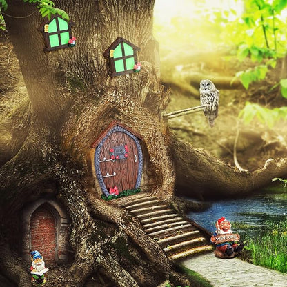 Syhood Fairy Door and Window Miniature Summer Home with Lamp Room Wall and Trees Outdoor Glow in Dark Fairies Sleeping Yard Art Garden Sculpture Patio Lawn Decor Ornament Gift(Stone Style)