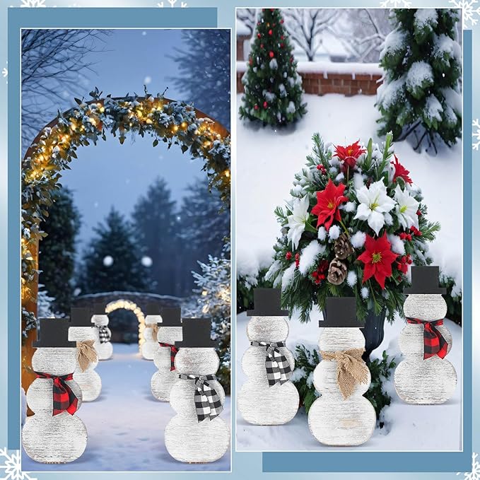 Amyhill 6 Pcs Wood Snowman Yard Stakes for Christmas Holiday Outdoor Farmhouse Snowman Decorations Xmas Garden Wooden Yard sign Decor with Stakes for Christmas Winter Lawn Patio Pathway Party Supplies