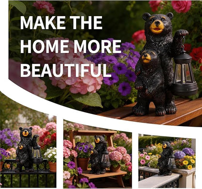 Solar Garden Statue Bear Family - 10" H Resin Outdoor Statue with Solar Powered Lantern - Welcome Bear Decor Outdoor, Unique Birthday Gifts for Women - Waterproof Patio Yard Decorations