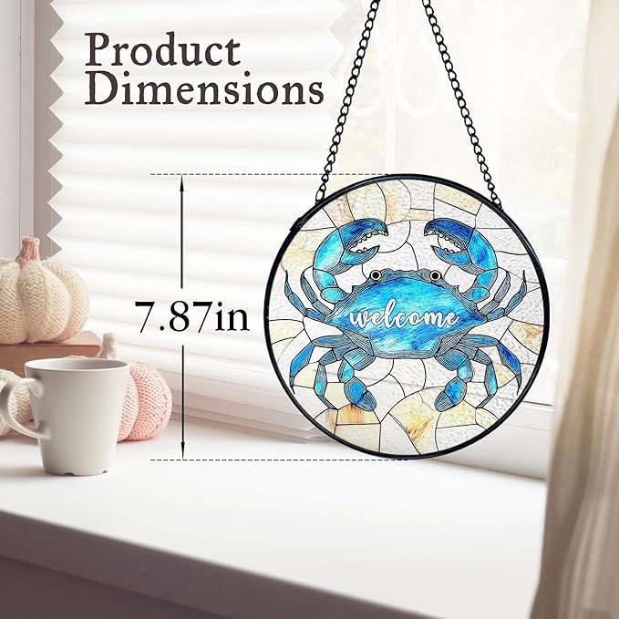 kdqua Coastal Beach Crab Welcome Suncatcher Stained Glass Window Hanging, Ocean Marine Crab Sun Catchers Indoor Window Glass Round Wall Decor, Beachy Wall Art Hanging Decorations Statues, 7.9x7.9in