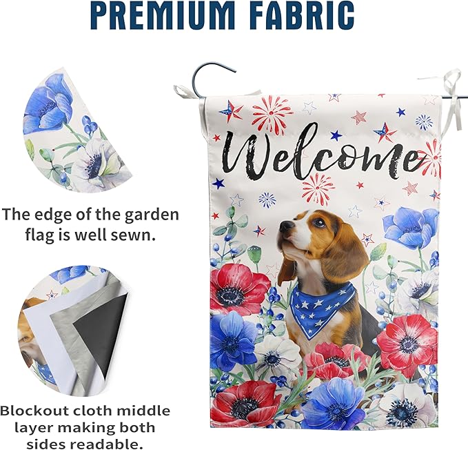 4th of July Beagle Garden Flag Red White Blue Floral Dog Yard Flags Small Memorial Independence Day Banner 12x18 Double Sided for Outside Outdoor Patriotic Decor