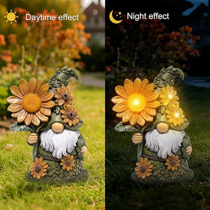basen Solar Garden Gnome with Glowing Daisy Flower, Outdoor Solar Gnome Figurine for Yard Lawn Patio, Hand-Painted Resin Garden Statue Decor with LED Light for Landscape, Garden Ornament Gift