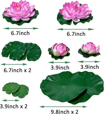 Fake Lily Pads, 10 PCS Artificial Lotus with Water Lily Pad, Realistic Water Floating Foam Lotuses Pads, Pink Artificial Floating Lotus Decor with Pad for Home Outdoor Ponds