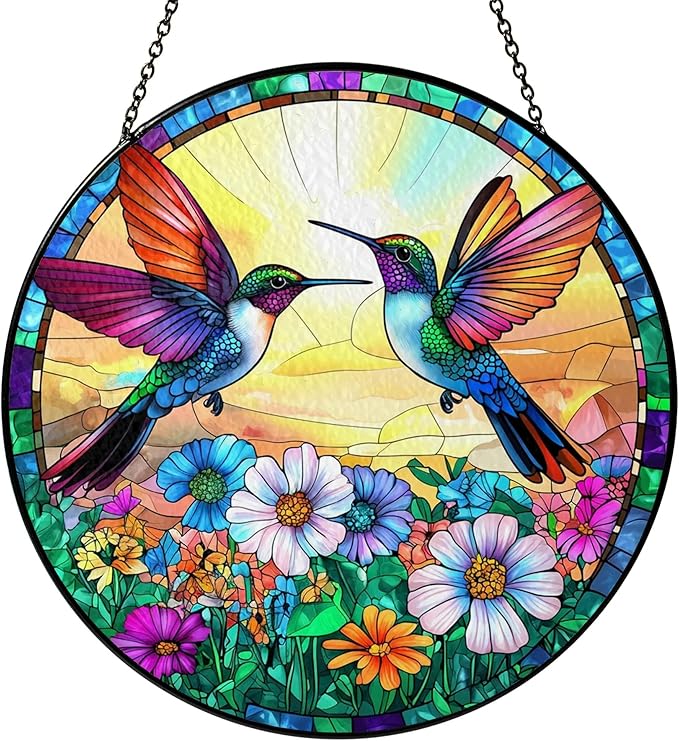 Hummingbird Suncatcher Stained Glass Window Hanging Decor, Hummingbird Gifts for Women, Birds Lovers, Spirit Birds Glass Panel Garden Decorations, Birthday Christmas for Mom, Grandma