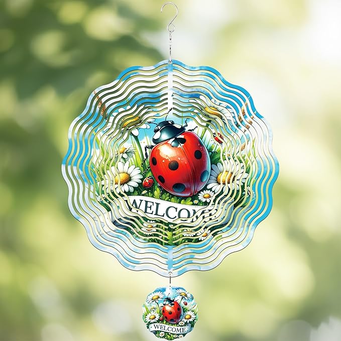 Metal Wind Spinners Outdoor - 3D Ladybug Wind Spinner Flower Yard Decor Kinetic Spinning Hanging Ornaments for Patio Lawn Garden Balcony Chicken Gifts for Women Men Mom Grandma Wife Friends
