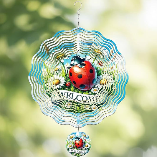 Metal Wind Spinners Outdoor - 3D Ladybug Wind Spinner Flower Yard Decor Kinetic Spinning Hanging Ornaments for Patio Lawn Garden Balcony Chicken Gifts for Women Men Mom Grandma Wife Friends