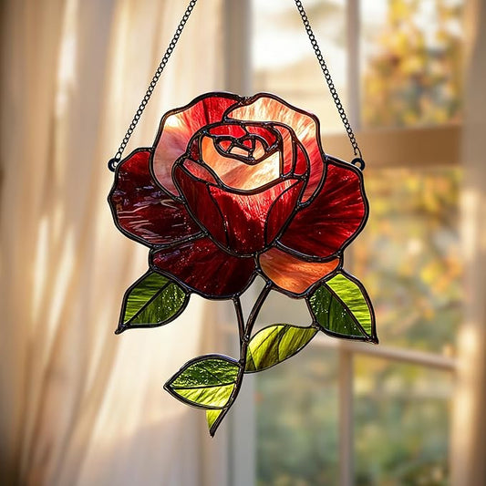 Crimson Rose Flower Acrylic Suncatcher, Flower Suncatchers for Window Hangings, Stained Glass Effect Garden Decor, Gift for Mother's Day, Mom, Grandma, Wife, Women