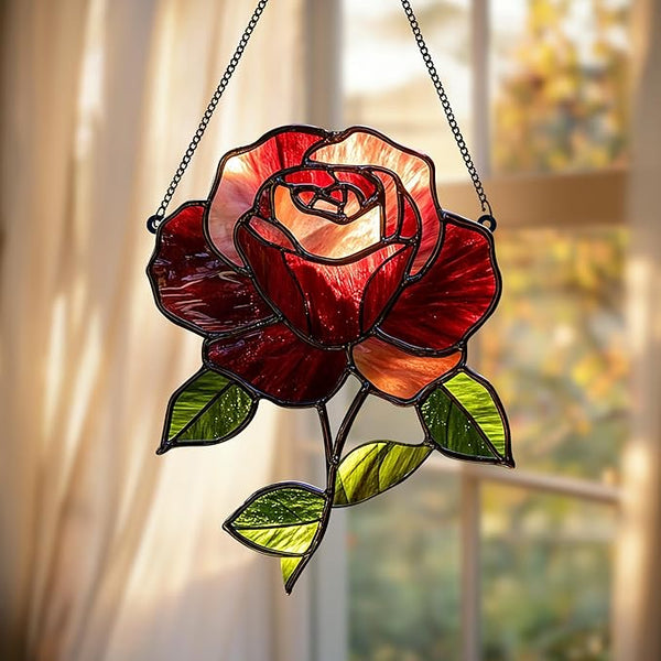 Crimson Rose Flower Acrylic Suncatcher, Flower Suncatchers for Window Hangings, Stained Glass Effect Garden Decor, Gift for Mother's Day, Mom, Grandma, Wife, Women