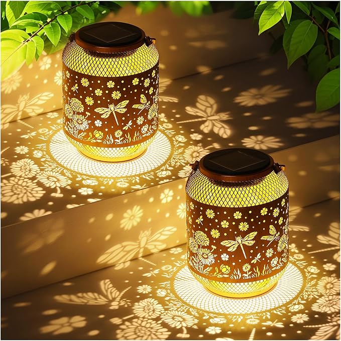 2 Pack Dragonfly Solar Garden Statues Birthday Gifts for Women Mom Grandma Hanging Solar Outdoor Waterproof Metal Garden Decor Outside for Yard,Patio,Lawn Porch,Backyard