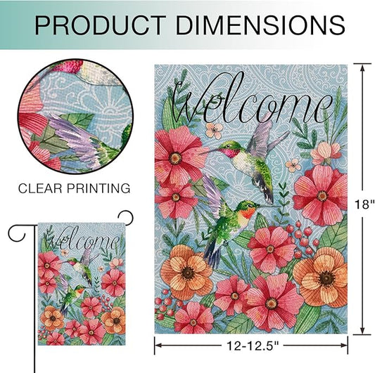 Hzppyz Welcome Spring Garden Flag Hummingbird, Decorative House Yard Lawn Outdoor Small Burlap Bird Flag Flower Decor, Vintage Summer Farmhouse Seasonal Outside Decorations Double Sided 12 x 18
