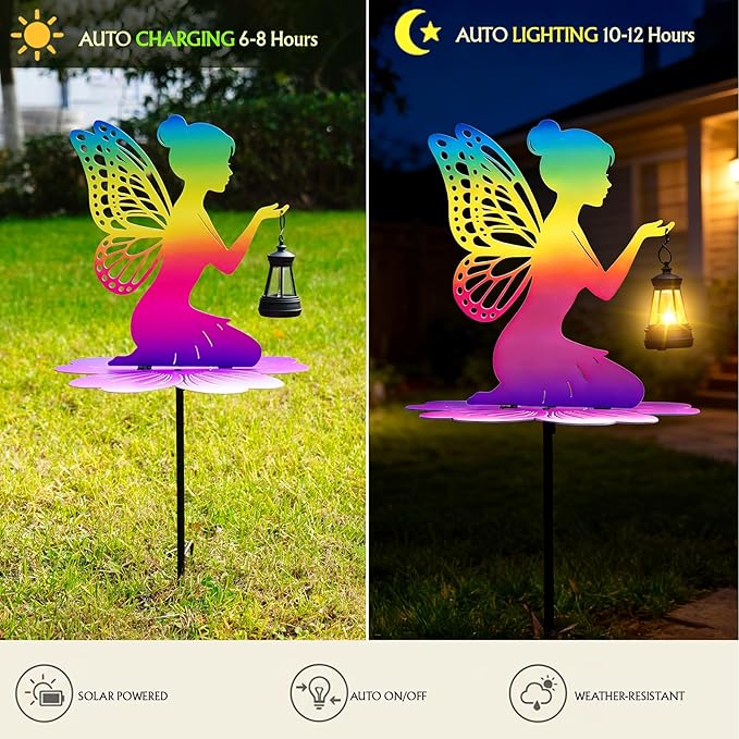 Rainbow Solar Fairy Garden Stake - 21" Iridescent Metal Fairy Silhouette with Warm LED Lantern, Waterproof Outdoor Decorative Light for Path, Yard, Flower Pot - Unique Gardening Gifts for Women/Mom