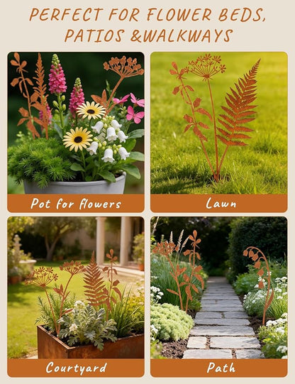 6 Pcs Metal Flowers for Outside, Decorative Garden Stakes with Rusted Finish, Outdoor Metal Yard Art Plant Stakes for Flower Bed Lawn Walkway Decor