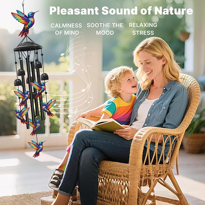 Hummingbird Wind Chimes for Outside, Black Metal Windchimes Outdoors, Hummingbirds Gifts for Women/Men, Garden/Yard Decor, Memorial/Birthday Gifts for Grandma/Mom, Durable Chimes for Outdoors