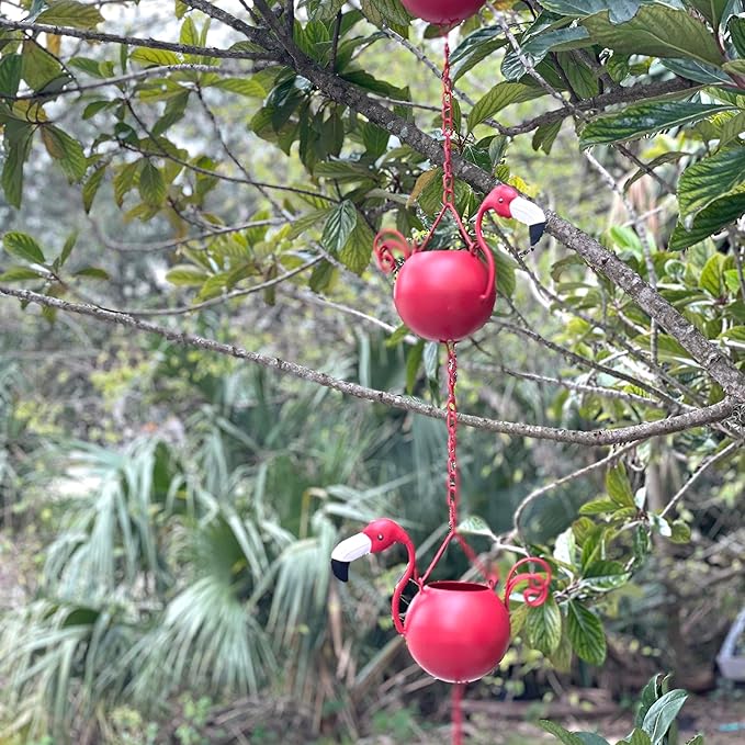 90-Inch Metal Rain Chain with 8 Portly Flamingos, 7 Inches Long Each, Muted Red Finish, Decorative Downspout Alternative for Rainwater Collection, Outdoor Garden Décor