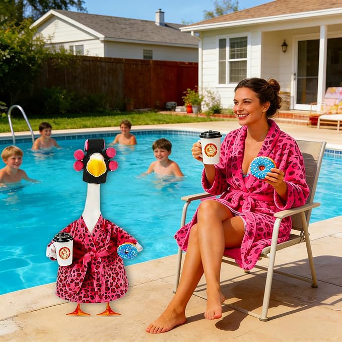 Lady Porch Goose Outfits, Spring Summer Goose Clothes Costume with Pink Leopard Bathrobe for 23/28" Lawn Cement Geese for Garden